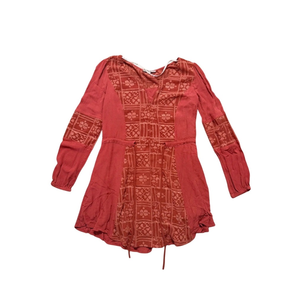 Miss Me Womens Red Embroidered Boho Tunic Top Long Sleeve V-Neck Mini Dress Med